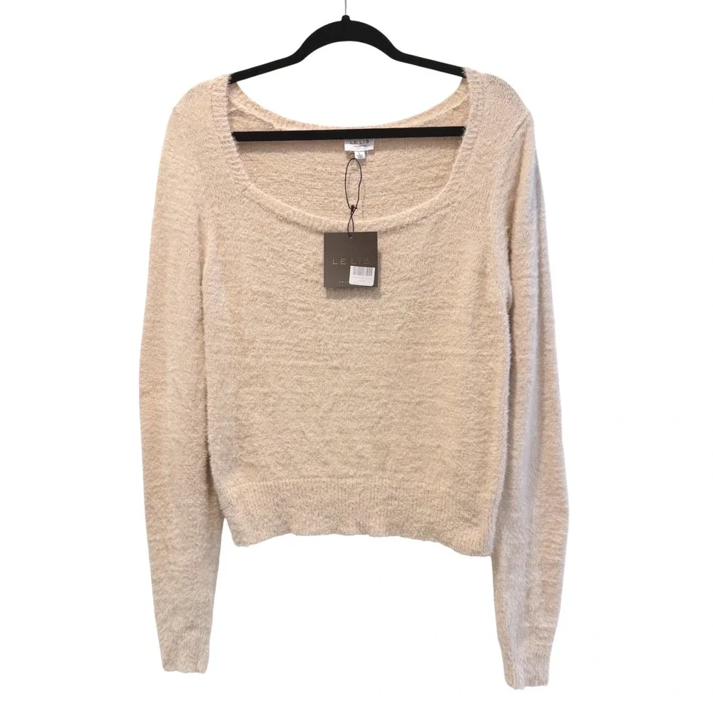 LE LIS Square Neck Eyelash‎ Knit Sweater Cream NWT Puff Sleeve Women Large Soft